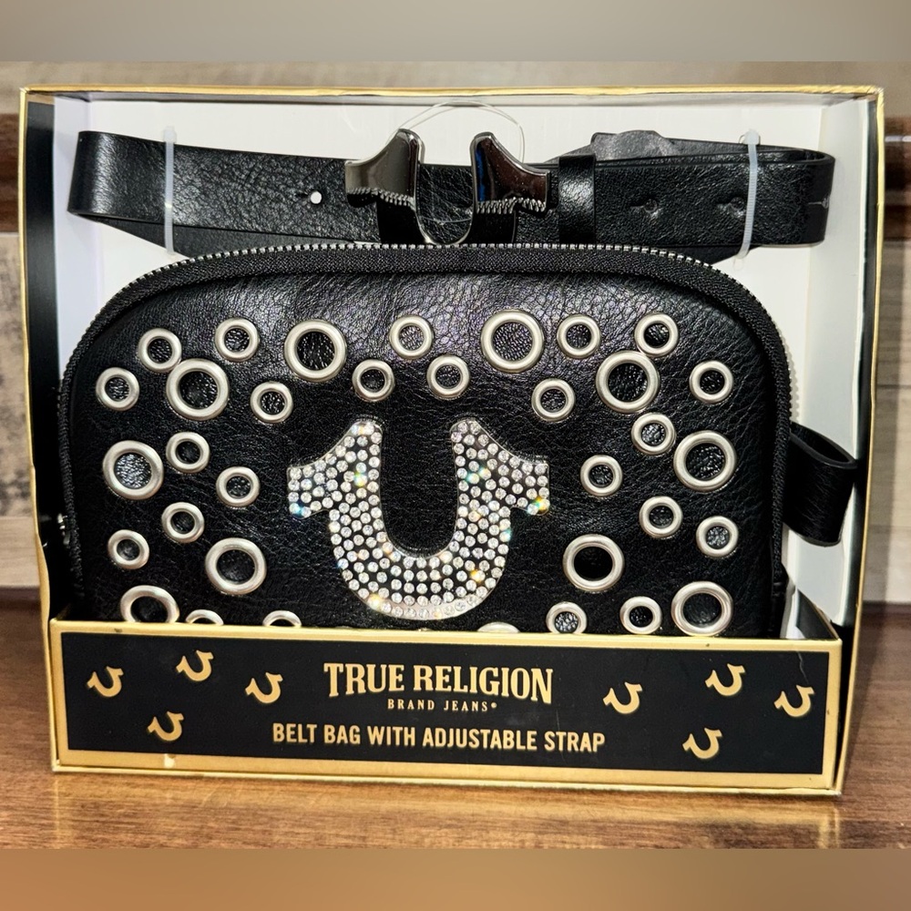 ✅ 🥰 True Religion New Belt Bag Crossbody With Adjustable Strap Black Silver Logo